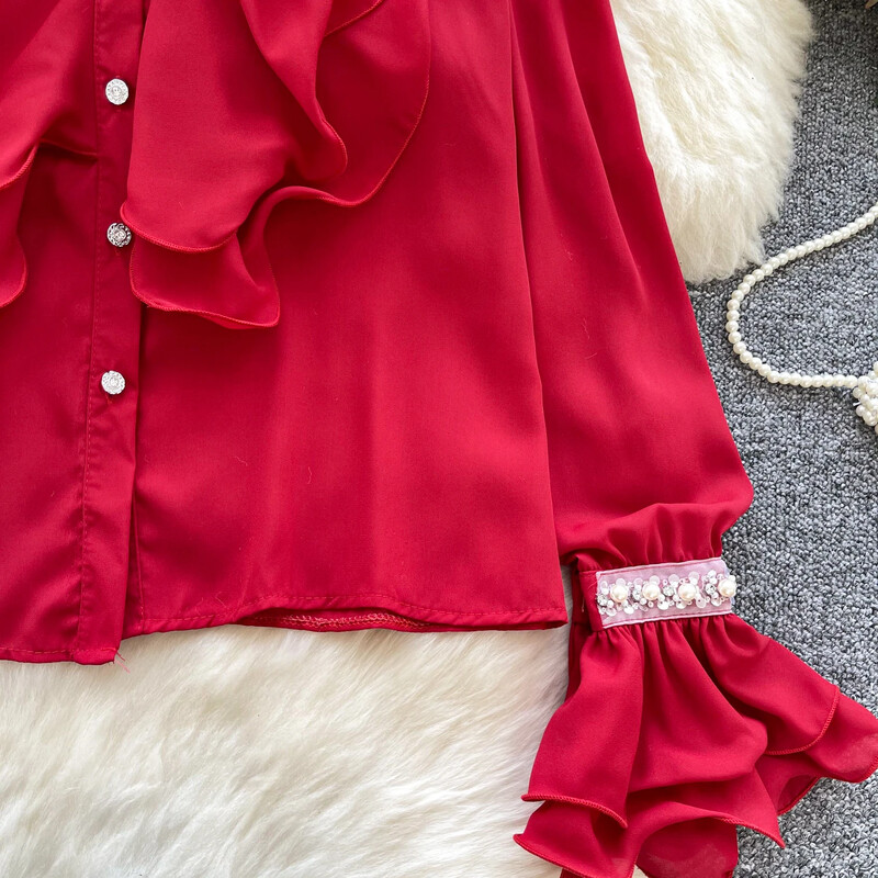 Női Állógallér Szirmos ujjak Elegáns Fodrok Strasszos Vékony Egysoros felső francia utcai ruházat High Street őszi blúz