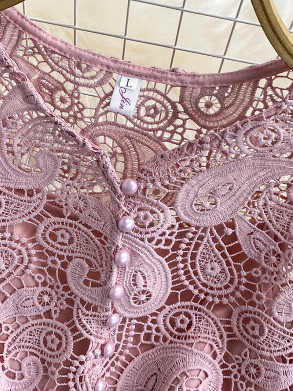 Sweet Memory Vintage piros/fehér/rózsaszín üreges csipkeblúz női elegáns lámpás hosszú ujjú egysoros felsők