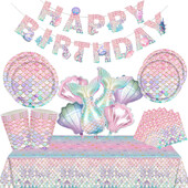 Σετ επιτραπέζια σκεύη γοργόνας Χάρτινα πιάτα Κύπελλο Τραπεζομάντιλο Μικρή Γοργόνα Μπαλόνια Παιδικό Κορίτσι Γοργόνα Γοργόνα Γενέθλια Διακόσμηση Προμήθειες