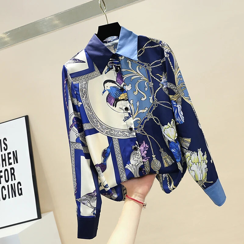 Sieviešu pavasara rudens krekli Korejas piepilsētas atloka apdruka Blūze ar garām piedurknēm Jauni brīvi sieviešu novājēšanas topi GD488