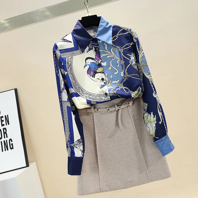 Sieviešu pavasara rudens krekli Korejas piepilsētas atloka apdruka Blūze ar garām piedurknēm Jauni brīvi sieviešu novājēšanas topi GD488