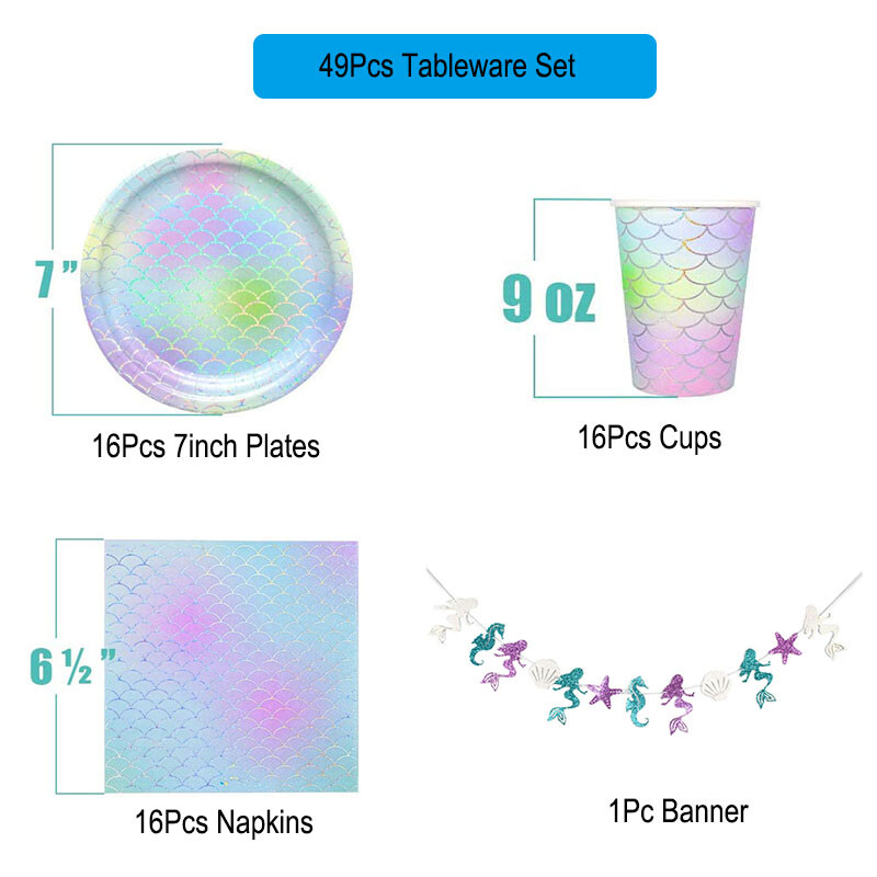 49 τμχ Mermaid Party Σετ σερβίτσια μιας χρήσης Χάρτινα ποτήρια Πετσέτα Πετσέτα Μικρή Γοργόνα Πανό για πάρτι γενεθλίων Διακοσμητικό ντους μωρού