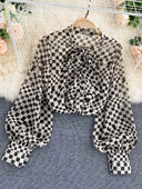 Női őszi tavaszi új blúz francia retro masni O-nyakú hosszú ujjú kockás sifon ingek Női blusa PL488