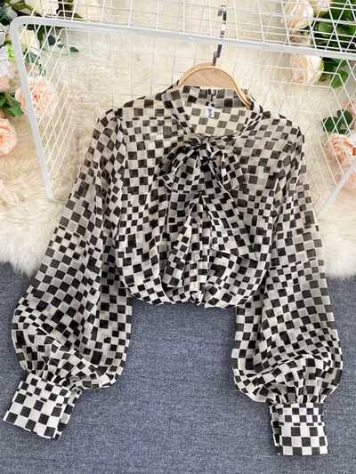 Női őszi tavaszi új blúz francia retro masni O-nyakú hosszú ujjú kockás sifon ingek Női blusa PL488