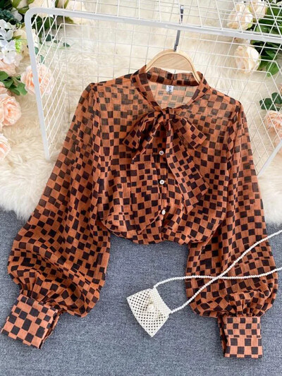 Női őszi tavaszi új blúz francia retro masni O-nyakú hosszú ujjú kockás sifon ingek Női blusa PL488