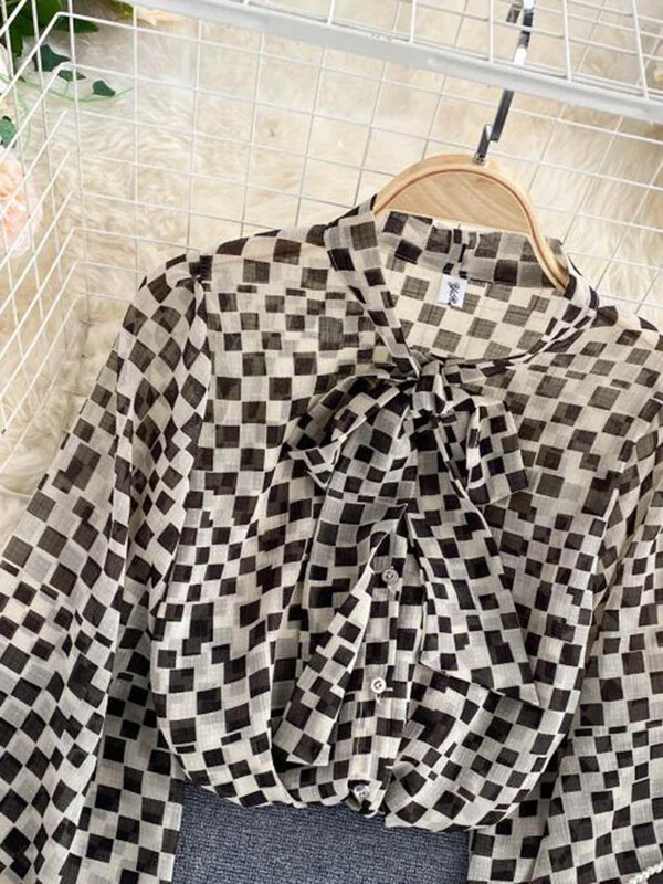 Női őszi tavaszi új blúz francia retro masni O-nyakú hosszú ujjú kockás sifon ingek Női blusa PL488