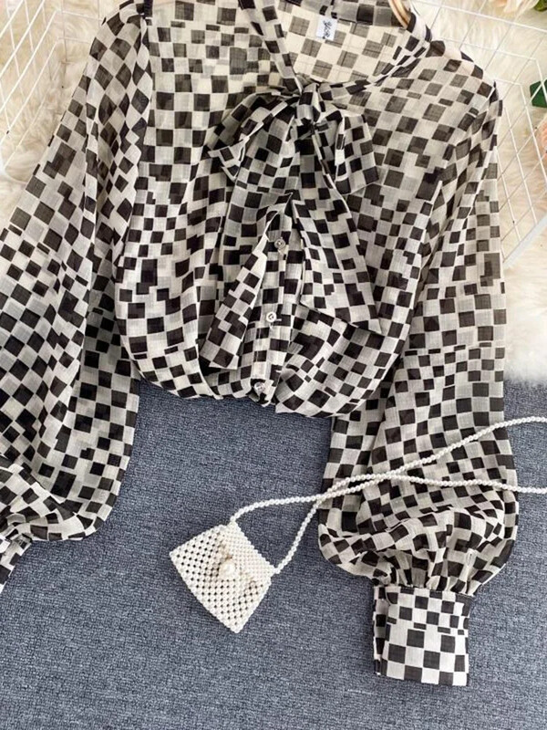 Női őszi tavaszi új blúz francia retro masni O-nyakú hosszú ujjú kockás sifon ingek Női blusa PL488