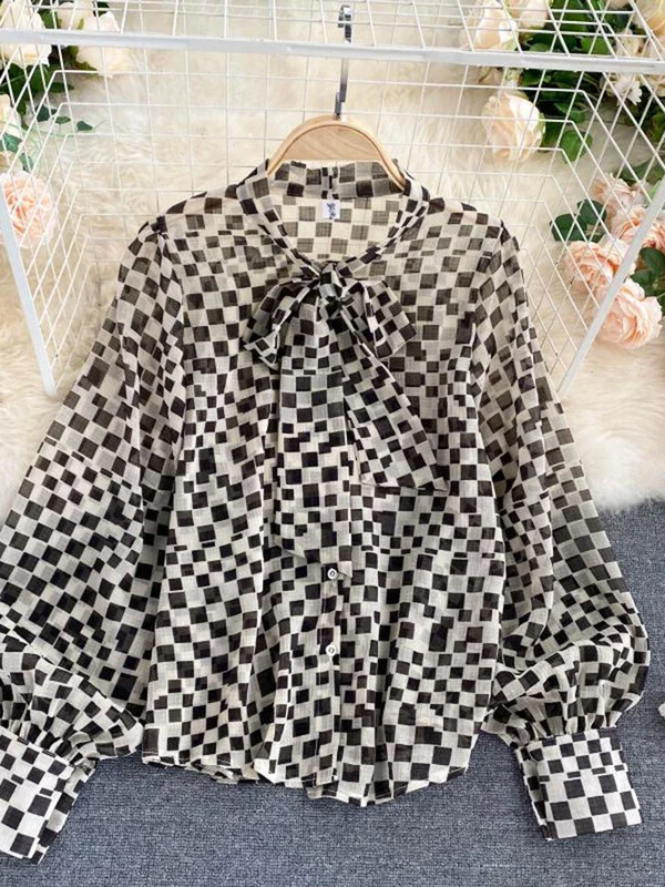 Női őszi tavaszi új blúz francia retro masni O-nyakú hosszú ujjú kockás sifon ingek Női blusa PL488