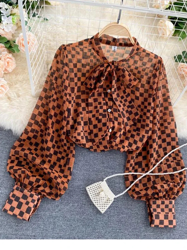 Női őszi tavaszi új blúz francia retro masni O-nyakú hosszú ujjú kockás sifon ingek Női blusa PL488