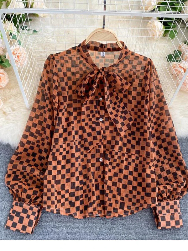 Női őszi tavaszi új blúz francia retro masni O-nyakú hosszú ujjú kockás sifon ingek Női blusa PL488