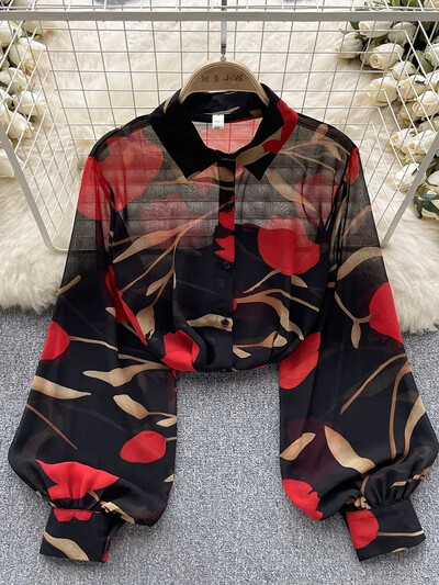 Női tavaszi őszi ing divatos póló hosszú ujjú, egysoros nyomtatott sifon ing Vékony nyugati sokoldalú, vékony felső D4716