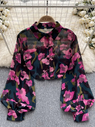 Női tavaszi őszi ing divatos póló hosszú ujjú, egysoros nyomtatott sifon ing Vékony nyugati sokoldalú, vékony felső D4716