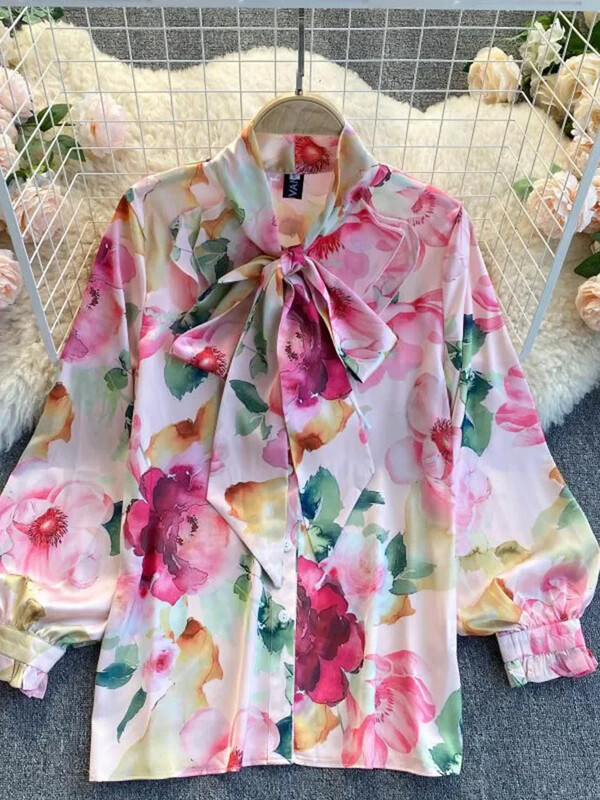 Pavasara rudens Jauna ziedu apdruka, brīva blūze sievietēm, volāniem tauriņš, statīvs apkakle Puff piedurkne, viss atbilstošs krekls sieviešu topi UK985