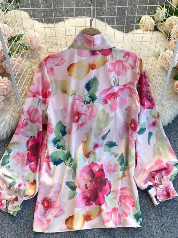 Pavasara rudens Jauna ziedu apdruka, brīva blūze sievietēm, volāniem tauriņš, statīvs apkakle Puff piedurkne, viss atbilstošs krekls sieviešu topi UK985