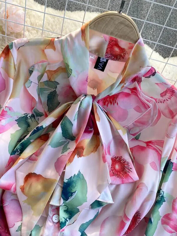 Pavasara rudens Jauna ziedu apdruka, brīva blūze sievietēm, volāniem tauriņš, statīvs apkakle Puff piedurkne, viss atbilstošs krekls sieviešu topi UK985