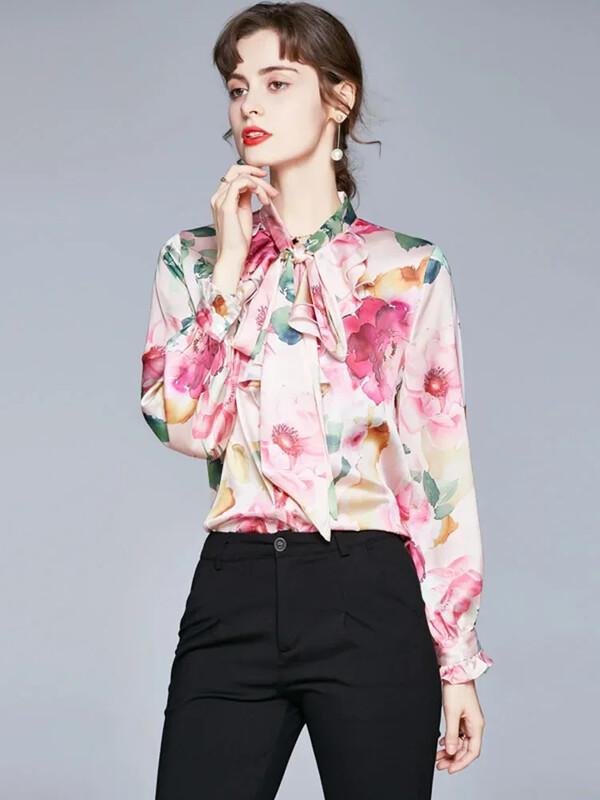 Pavasara rudens Jauna ziedu apdruka, brīva blūze sievietēm, volāniem tauriņš, statīvs apkakle Puff piedurkne, viss atbilstošs krekls sieviešu topi UK985