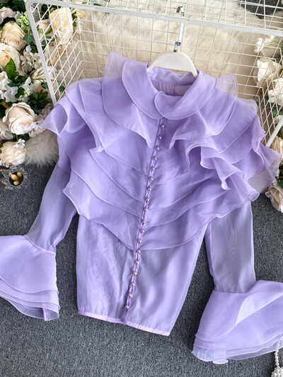 Női tavaszi őszi ing Szexi többrétegű fodros blúz O-nyakú gombokkal karcsúsított, flare ujjú felső női blusa GX1053