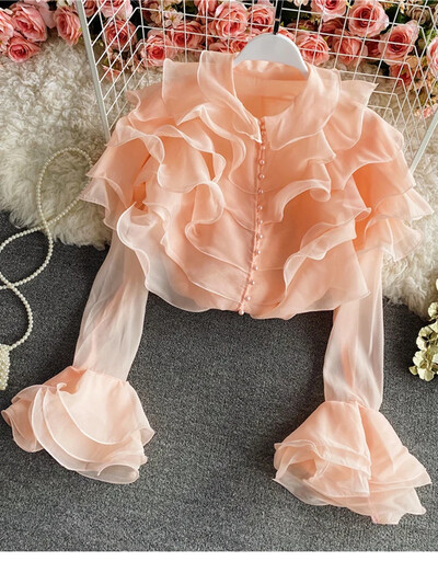 Női tavaszi őszi ing Szexi többrétegű fodros blúz O-nyakú gombokkal karcsúsított, flare ujjú felső női blusa GX1053