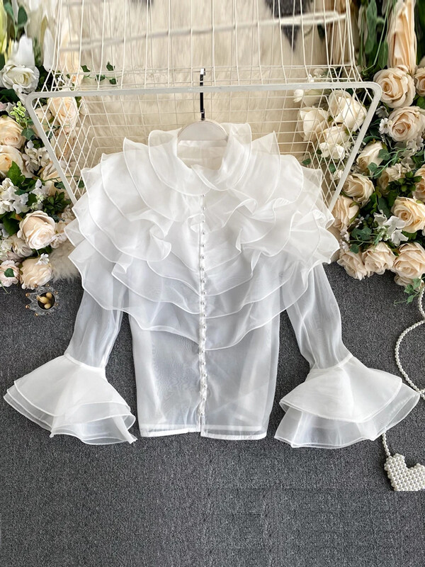 Női tavaszi őszi ing Szexi többrétegű fodros blúz O-nyakú gombokkal karcsúsított, flare ujjú felső női blusa GX1053