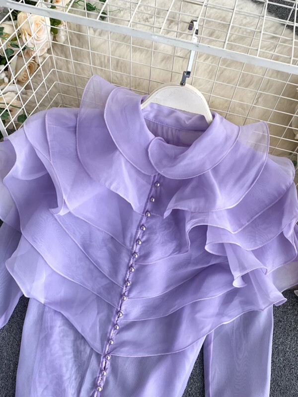 Női tavaszi őszi ing Szexi többrétegű fodros blúz O-nyakú gombokkal karcsúsított, flare ujjú felső női blusa GX1053