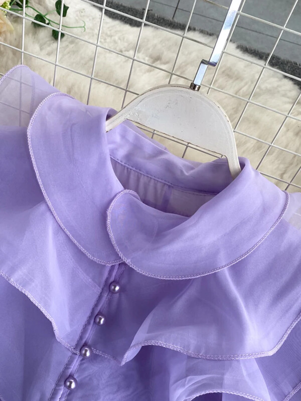 Női tavaszi őszi ing Szexi többrétegű fodros blúz O-nyakú gombokkal karcsúsított, flare ujjú felső női blusa GX1053