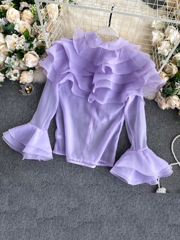 Női tavaszi őszi ing Szexi többrétegű fodros blúz O-nyakú gombokkal karcsúsított, flare ujjú felső női blusa GX1053