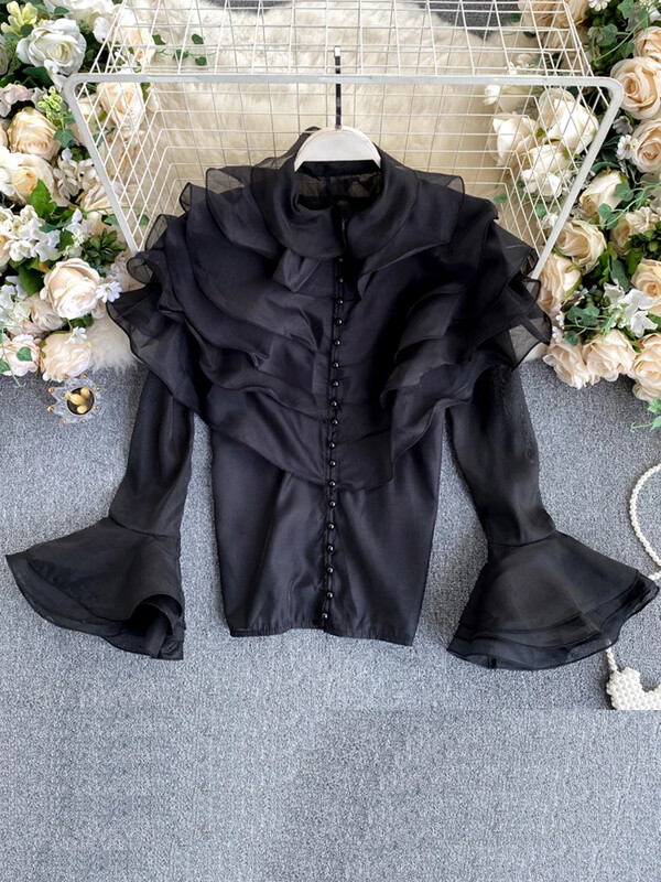 Női tavaszi őszi ing Szexi többrétegű fodros blúz O-nyakú gombokkal karcsúsított, flare ujjú felső női blusa GX1053