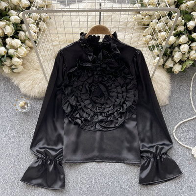 XFPV Femei, lejer, lux, tridimensional, floare, lejeră, bluză ușoară, guler, cămăși cu mâneci lanternă, primăvară 2024 SM10675