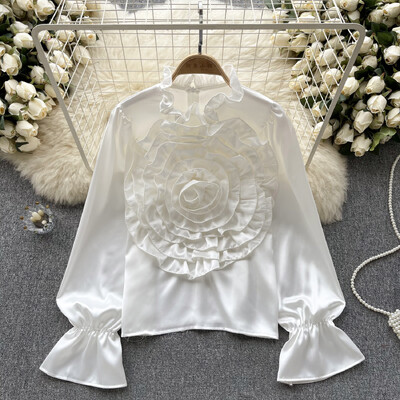 XFPV Femei, lejer, lux, tridimensional, floare, lejeră, bluză ușoară, guler, cămăși cu mâneci lanternă, primăvară 2024 SM10675