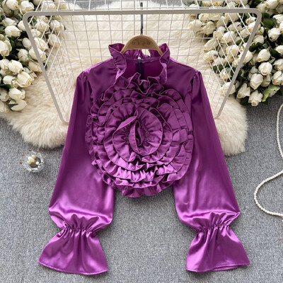 XFPV Femei, lejer, lux, tridimensional, floare, lejeră, bluză ușoară, guler, cămăși cu mâneci lanternă, primăvară 2024 SM10675