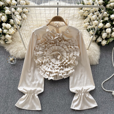 XFPV Femei, lejer, lux, tridimensional, floare, lejeră, bluză ușoară, guler, cămăși cu mâneci lanternă, primăvară 2024 SM10675