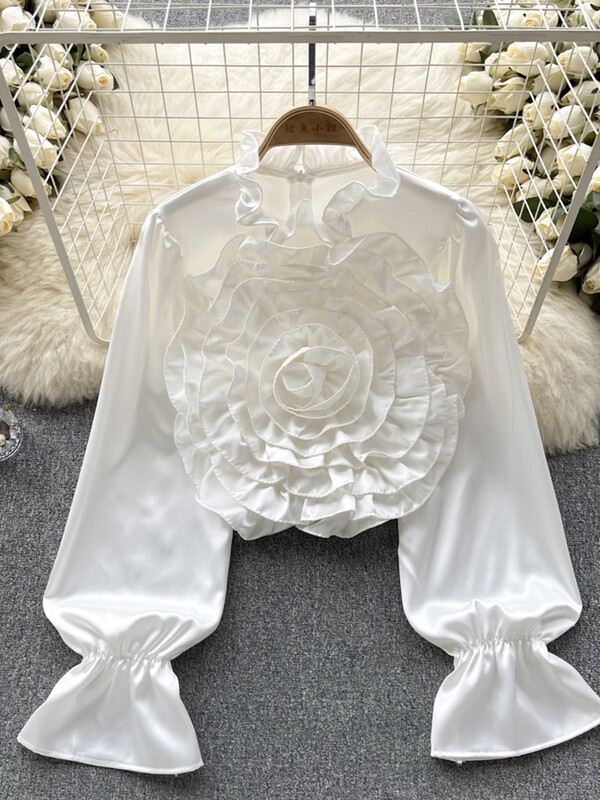 XFPV Femei, lejer, lux, tridimensional, floare, lejeră, bluză ușoară, guler, cămăși cu mâneci lanternă, primăvară 2024 SM10675