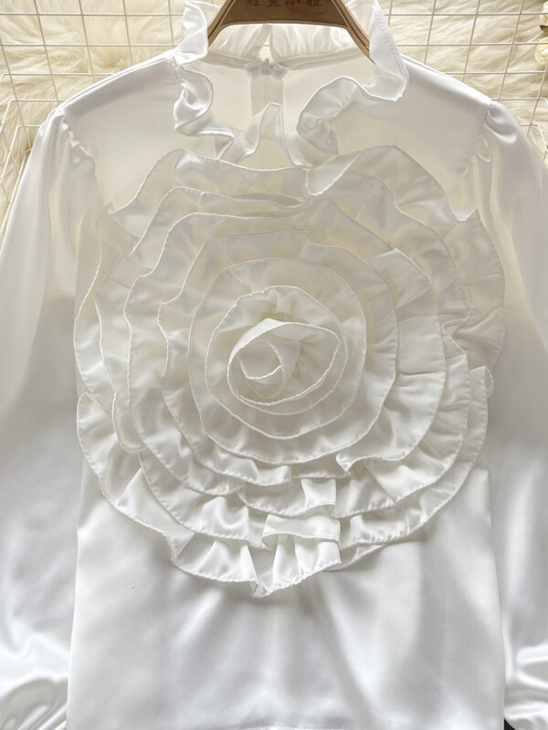 XFPV Femei, lejer, lux, tridimensional, floare, lejeră, bluză ușoară, guler, cămăși cu mâneci lanternă, primăvară 2024 SM10675