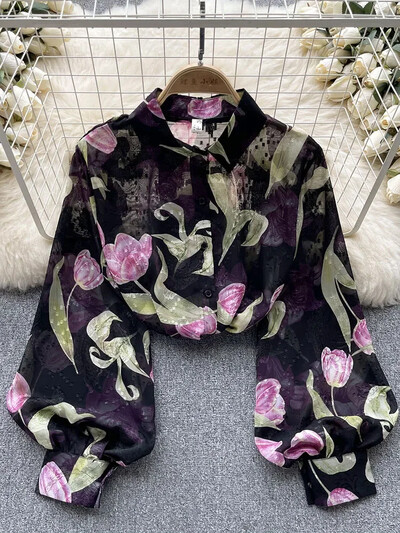 Női tavaszi ing koreai változat Temperament felsőkategóriás virágos ing buborékos ujjú dizájnnal és egyedi felsővel, D5053