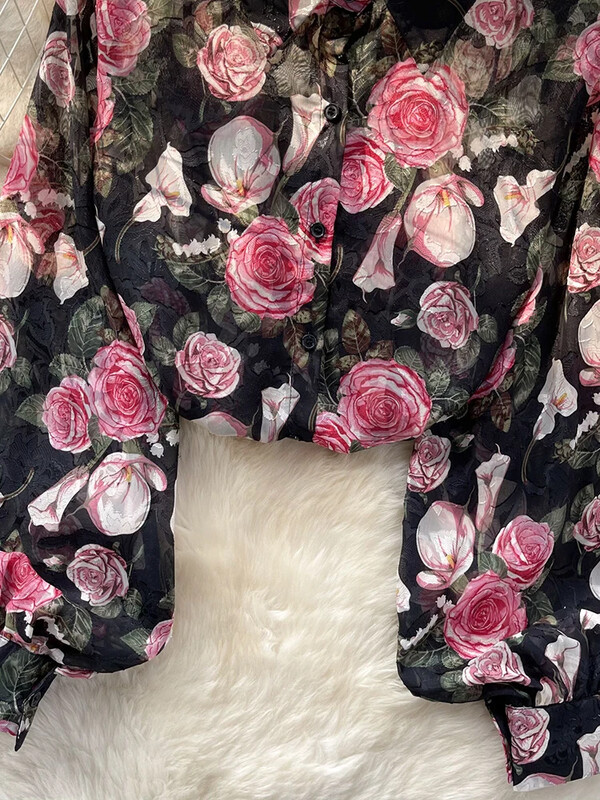 Női tavaszi ing koreai változat Temperament felsőkategóriás virágos ing buborékos ujjú dizájnnal és egyedi felsővel, D5053