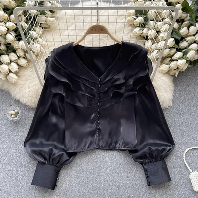 Franču eleganta traipu blūze sievietēm ar garām piedurknēm, vienkrāsainiem topi ar locītām malām, vasaras daudzpusīgie krekli dropshipping