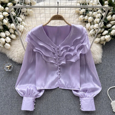 Franču eleganta traipu blūze sievietēm ar garām piedurknēm, vienkrāsainiem topi ar locītām malām, vasaras daudzpusīgie krekli dropshipping