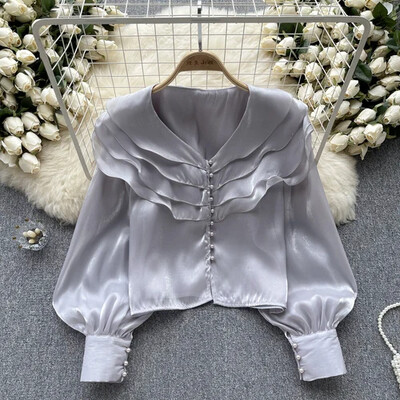 Franču eleganta traipu blūze sievietēm ar garām piedurknēm, vienkrāsainiem topi ar locītām malām, vasaras daudzpusīgie krekli dropshipping