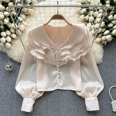 Franču eleganta traipu blūze sievietēm ar garām piedurknēm, vienkrāsainiem topi ar locītām malām, vasaras daudzpusīgie krekli dropshipping