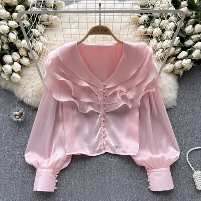 Franču eleganta traipu blūze sievietēm ar garām piedurknēm, vienkrāsainiem topi ar locītām malām, vasaras daudzpusīgie krekli dropshipping