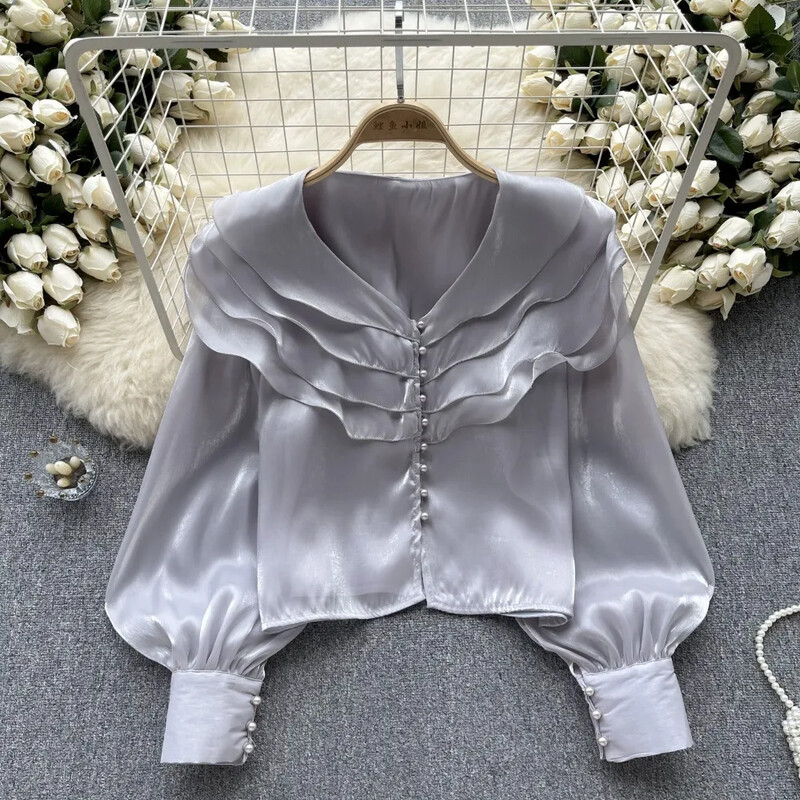 Franču eleganta traipu blūze sievietēm ar garām piedurknēm, vienkrāsainiem topi ar locītām malām, vasaras daudzpusīgie krekli dropshipping