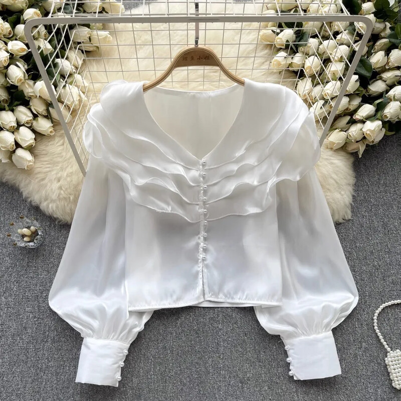 Franču eleganta traipu blūze sievietēm ar garām piedurknēm, vienkrāsainiem topi ar locītām malām, vasaras daudzpusīgie krekli dropshipping