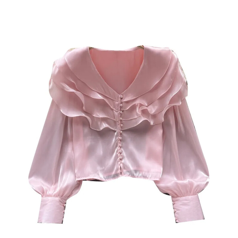 Franču eleganta traipu blūze sievietēm ar garām piedurknēm, vienkrāsainiem topi ar locītām malām, vasaras daudzpusīgie krekli dropshipping