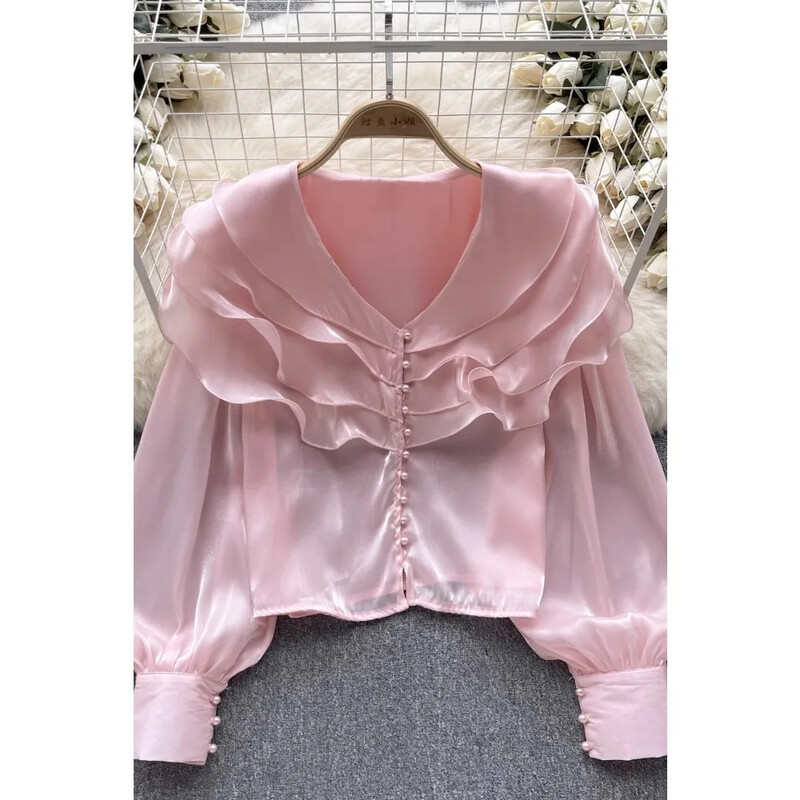 Franču eleganta traipu blūze sievietēm ar garām piedurknēm, vienkrāsainiem topi ar locītām malām, vasaras daudzpusīgie krekli dropshipping