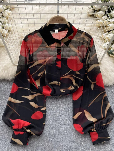 Γυναικεία ανοιξιάτικη καλοκαιρινή μπλούζα ρετρό πόλο μακρυμάνικη μονόστομη εμπριμέ σιφόν πουκάμισο λεπτό ευέλικτο λεπτό τοπ D5495