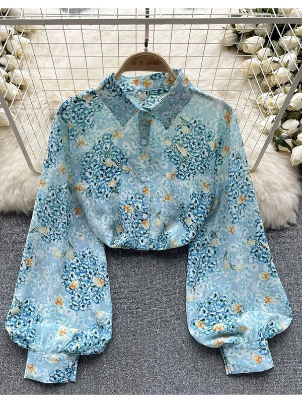 Γυναικεία ανοιξιάτικη καλοκαιρινή μπλούζα ρετρό πόλο μακρυμάνικη μονόστομη εμπριμέ σιφόν πουκάμισο λεπτό ευέλικτο λεπτό τοπ D5495