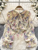 Γυναικεία ανοιξιάτικη μπλούζα Sweetheart Φιόγκος γιακάς πουκάμισο Heavy Work Πλισέ με βολάν Edge Slim Fit Μανίκι με φούσκα γαλλικού στυλ D5846