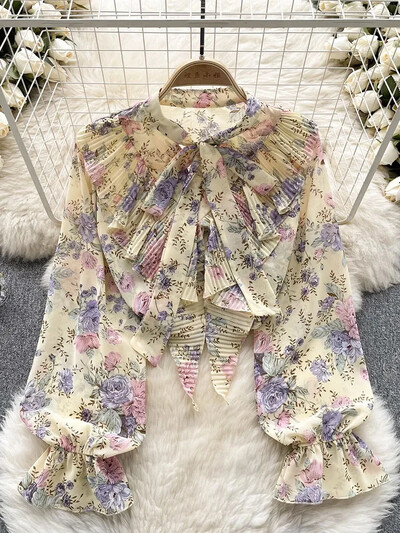 Γυναικεία ανοιξιάτικη μπλούζα Sweetheart Φιόγκος γιακάς πουκάμισο Heavy Work Πλισέ με βολάν Edge Slim Fit Μανίκι με φούσκα γαλλικού στυλ D5846