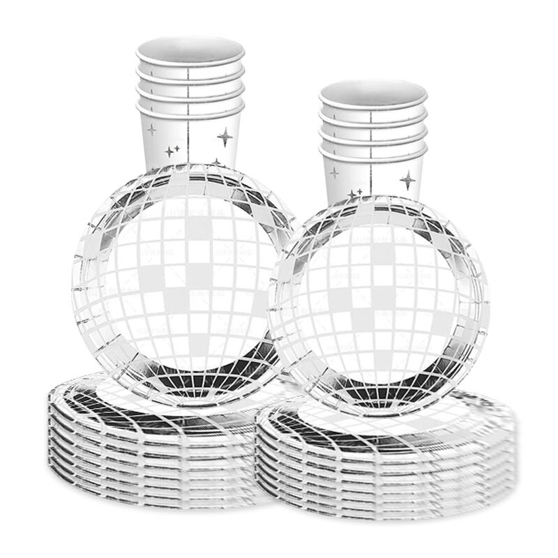 10Guests Disco Theme Fekete lézerezüst étkészletek Fényes Lámpa Golyó Papírtányérok Szalvéták Boldog diszkó születésnapi parti dekoráció