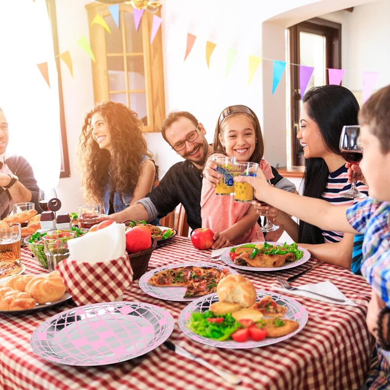 Rózsaszín Disco Ball téma Eldobható étkészlet Rózsaszín Ezüst Disco Tányérok Csésze Szalvéták Felnőtt Nők Boldog Disco Születésnapi Party dekoráció